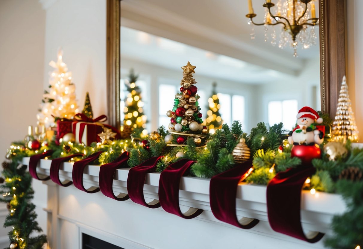 A festive mantel adorned with velvet ribbon, twinkling lights, and assorted Christmas decor