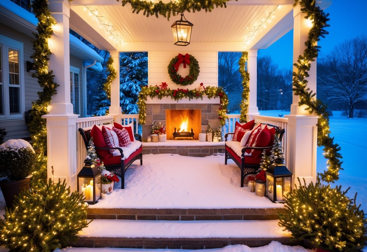 A cozy porch adorned with twinkling lights, wreaths, garlands, and festive ornaments. A glowing fireplace and a snow-covered landscape complete the charming Christmas scene