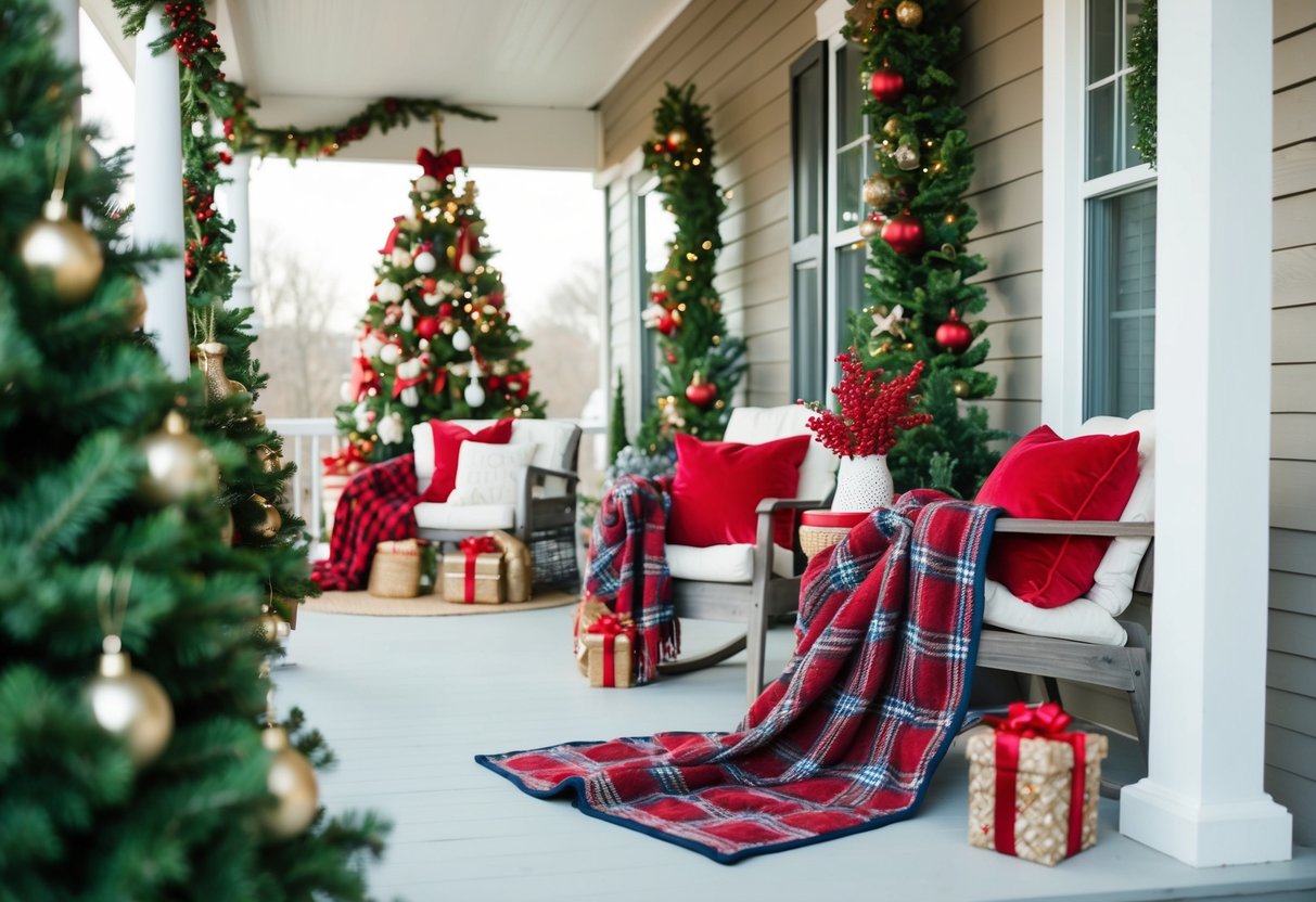 A cozy porch adorned with plaid throw blankets, surrounded by festive Christmas decor