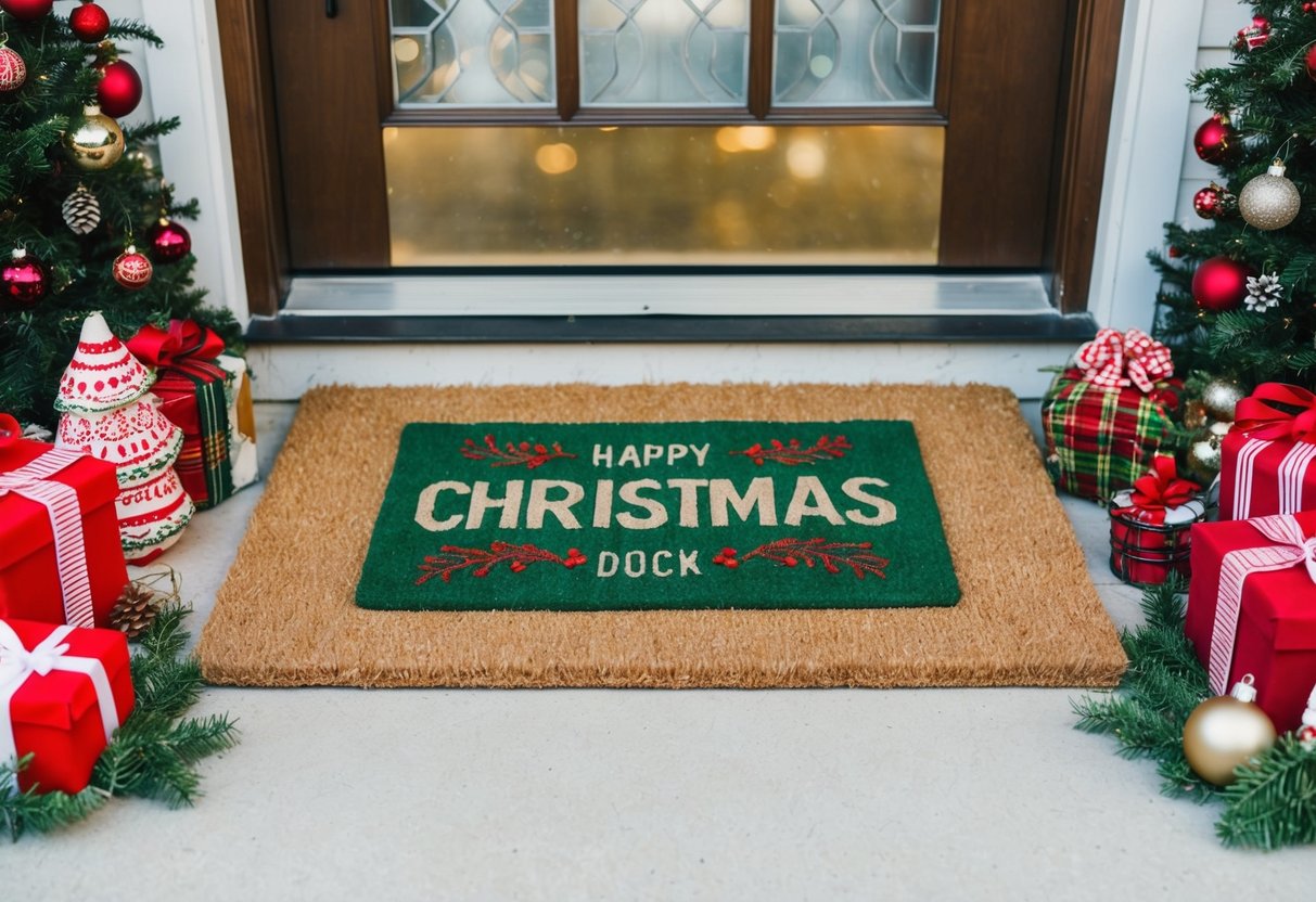 A festive doormat with Christmas-themed decorations surrounded by holiday porch decor