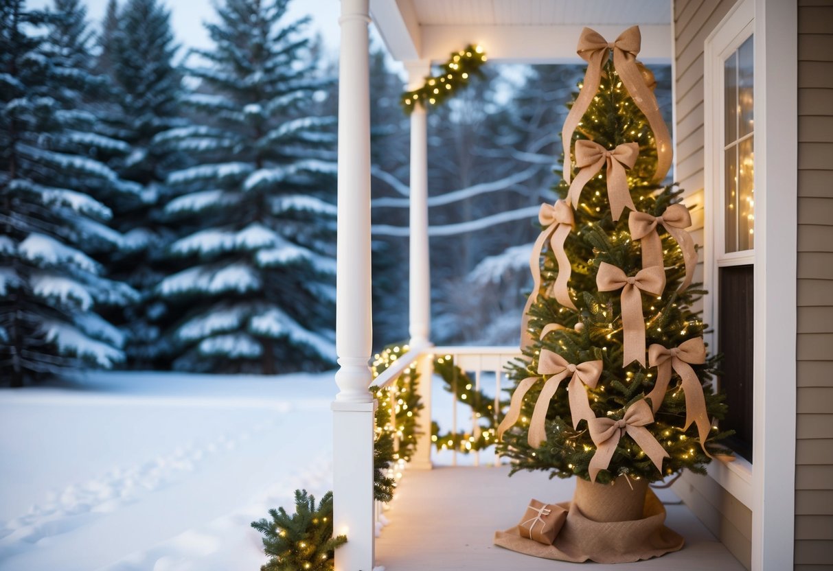 A cozy porch adorned with burlap bows and ribbons, surrounded by snow-covered pine trees and twinkling lights