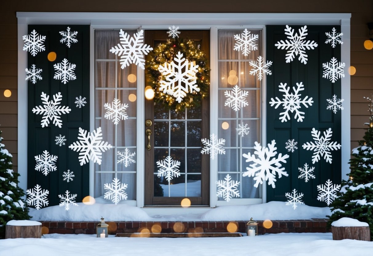 Snowflake window clings adorn a festive Christmas porch, creating a whimsical and wintry atmosphere