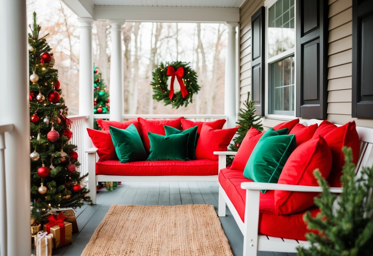 A cozy porch adorned with red and green pillows, creating a festive Christmas atmosphere