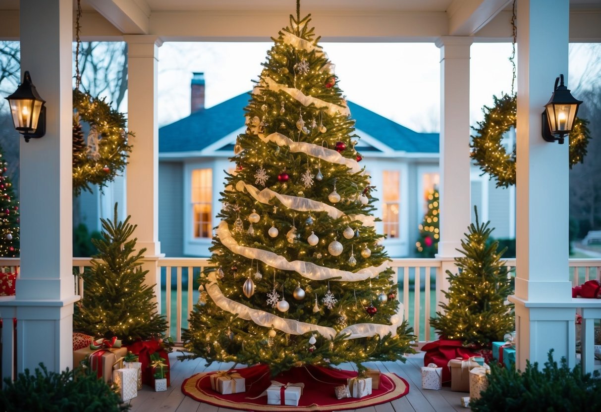 A tall outdoor Christmas tree adorned with lights and ornaments, standing on a porch surrounded by festive decorations