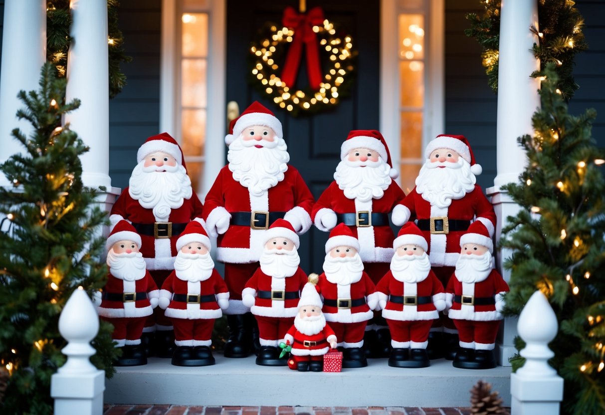 Santa Claus figurines arranged on a festive porch with twinkling lights and holiday greenery