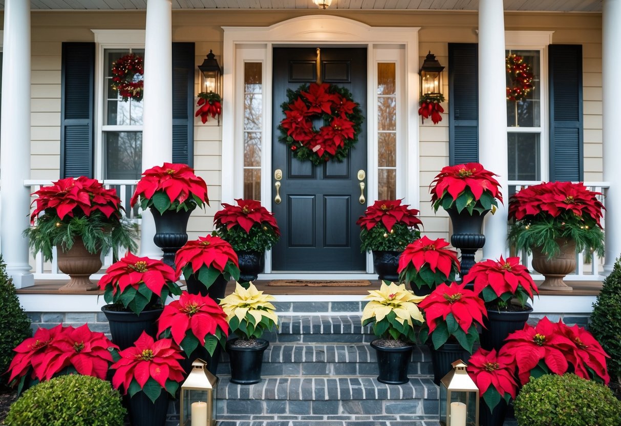 A festive porch adorned with poinsettia arrangements in various sizes and colors, creating a warm and inviting holiday atmosphere