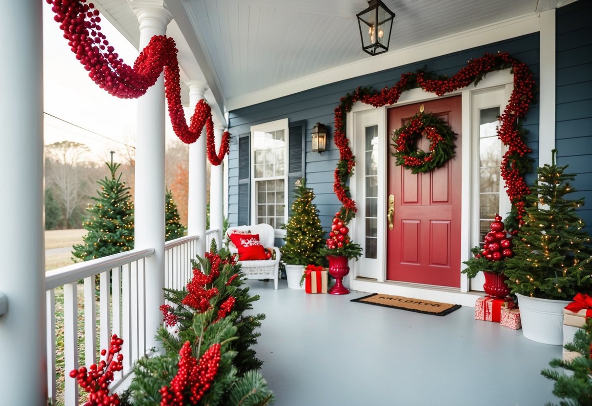 A porch adorned with red berry garlands and other festive Christmas decorations