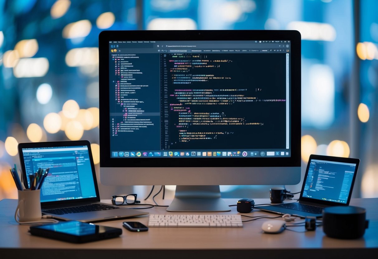 A computer screen with code on display, surrounded by various devices and tools for testing and debugging Xamarin skills