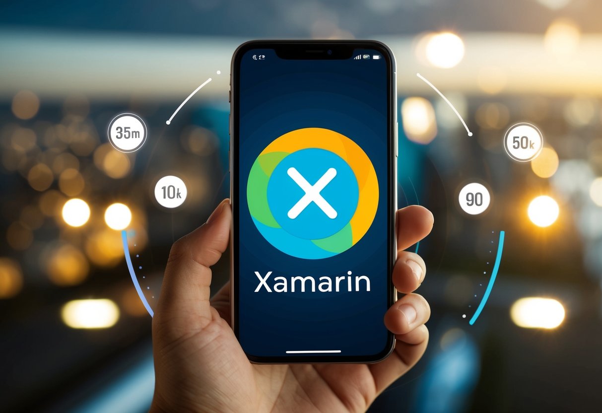 A smartphone with a Xamarin app running smoothly, surrounded by speed and efficiency indicators