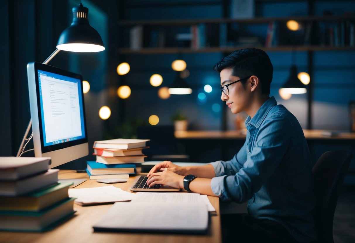 A person sitting at a desk with a computer, surrounded by books and papers, learning Xamarin.Android and Xamarin.iOS