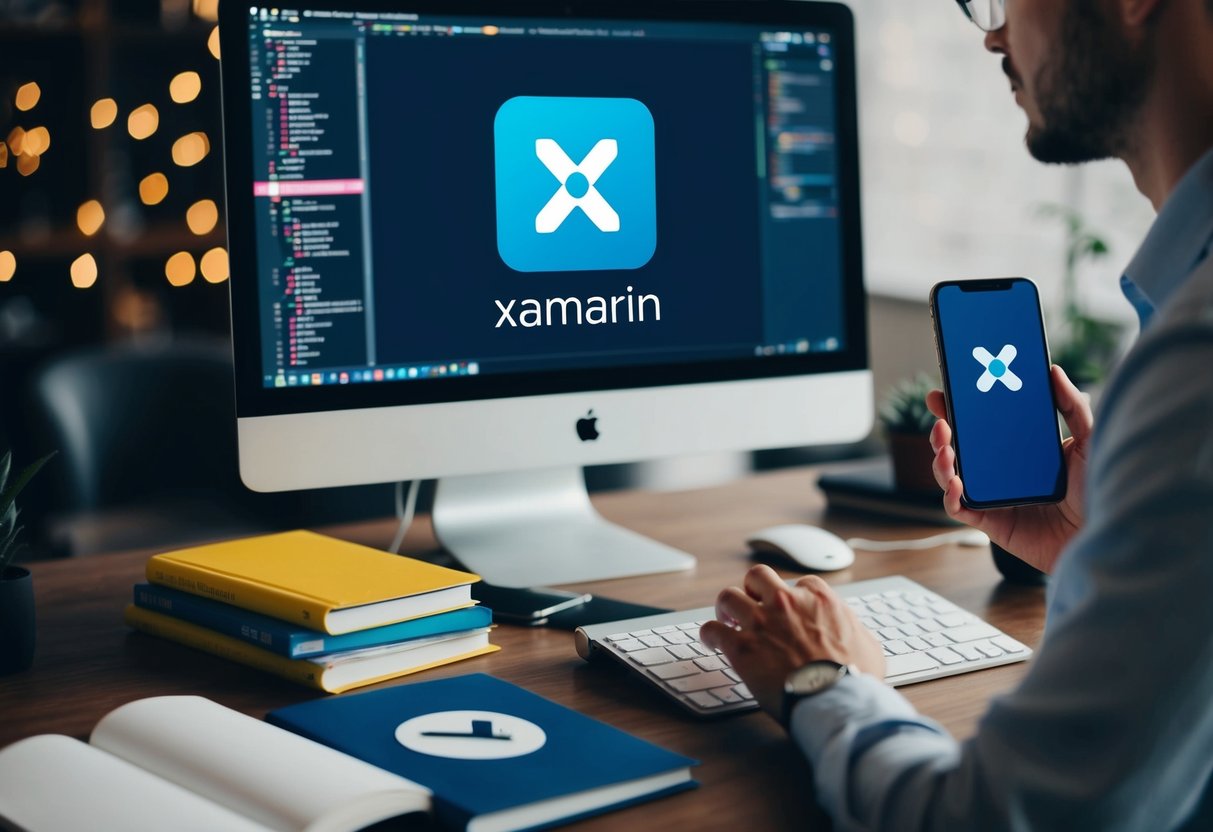 A person working on a computer, surrounded by coding books and a smartphone, with a Xamarin logo on the screen