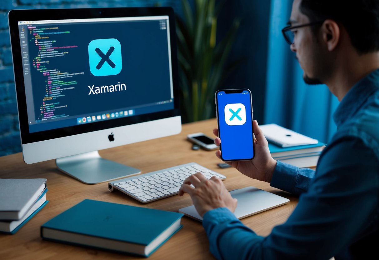 A person working on a computer, surrounded by coding books and a smartphone with the Xamarin logo on the screen