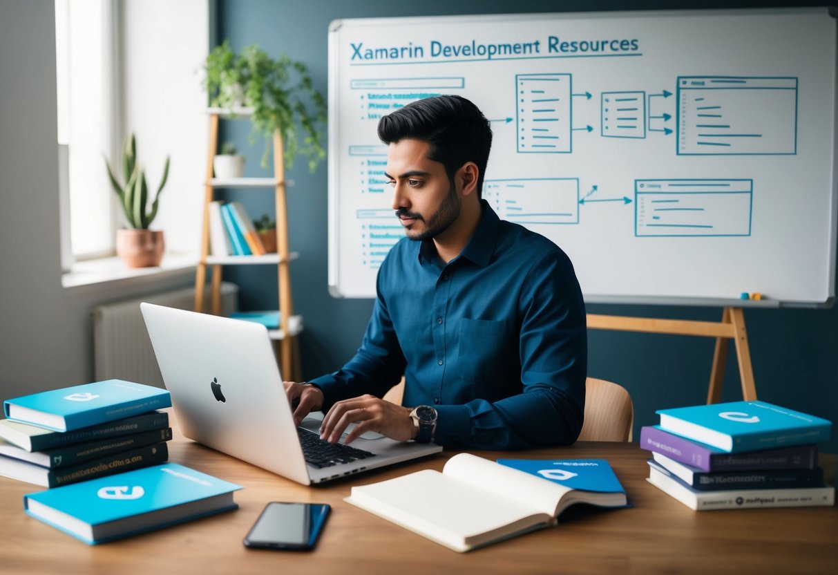 A person working on a laptop, surrounded by Xamarin development books and resources, with a whiteboard filled with code diagrams in the background