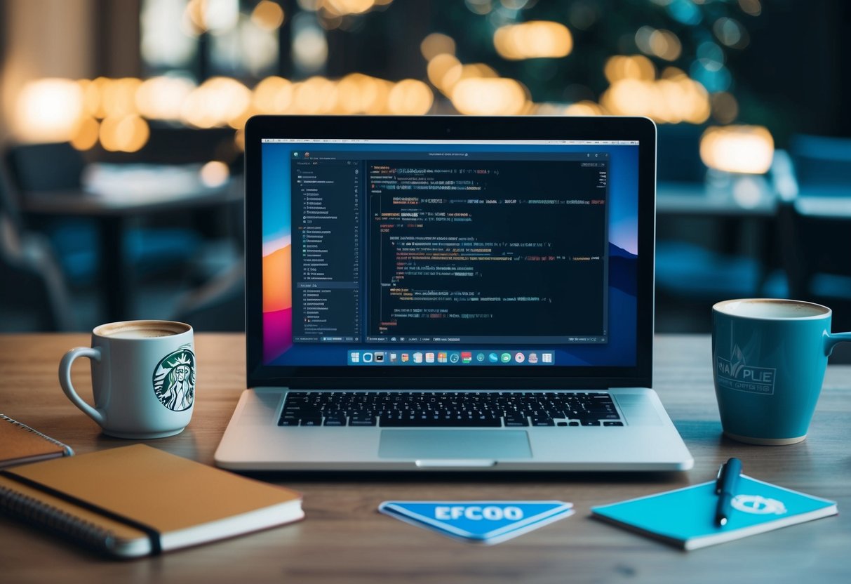 A laptop with a code editor open, surrounded by coffee mug, notebook, and angular logo stickers