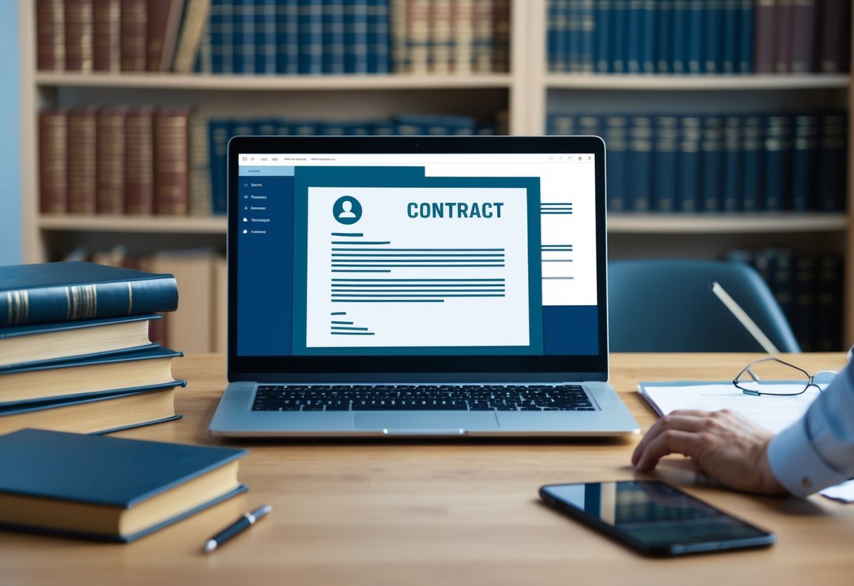 A laptop with a contract document on the screen, surrounded by legal books and a remote angular developer working from home