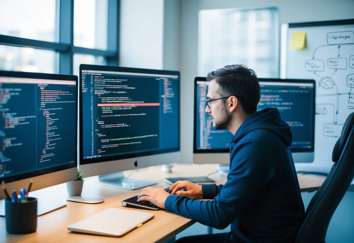 An angular developer typing code on a computer, surrounded by multiple screens displaying code, and a whiteboard filled with diagrams and notes