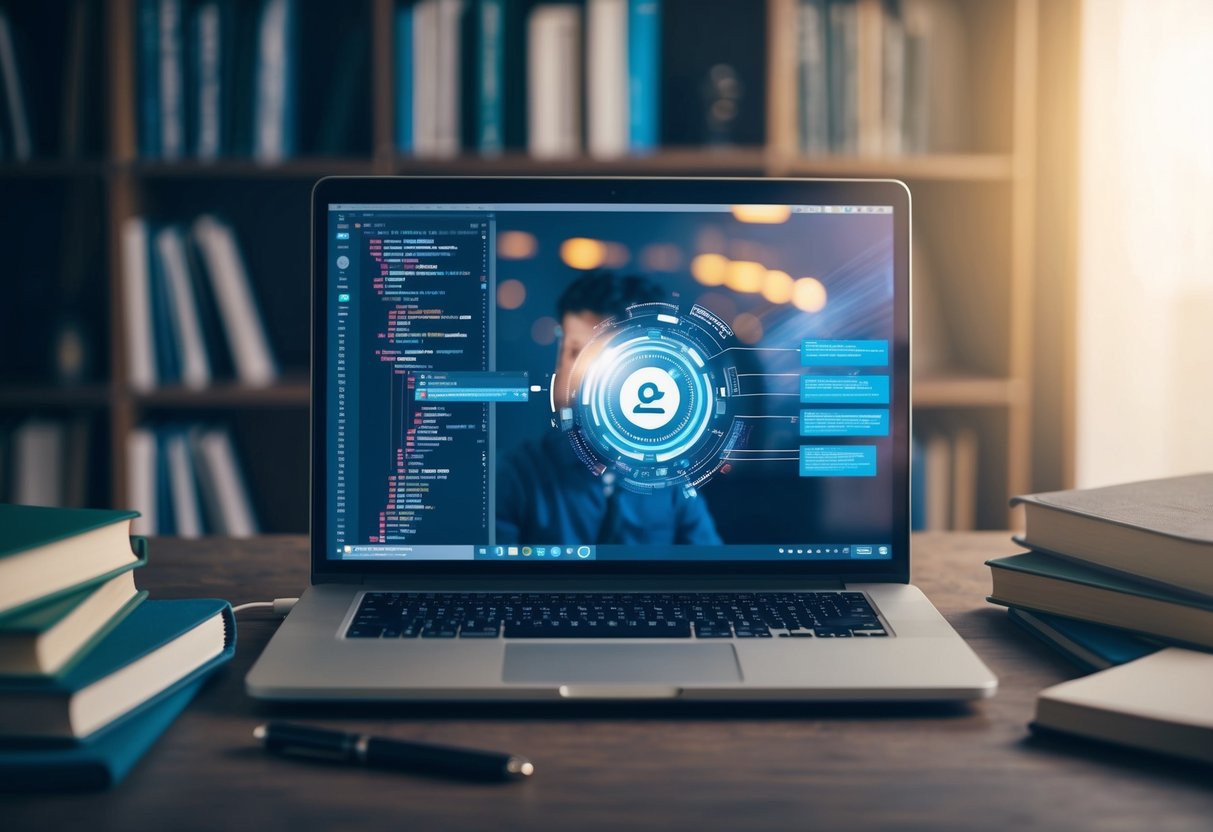 A person coding on a laptop, surrounded by books and online resources, with a dynamic and adaptable design on the screen