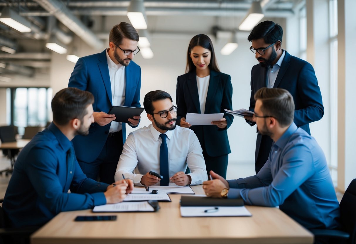 A group of developers reviewing resumes and conducting interviews for potential Angular developers