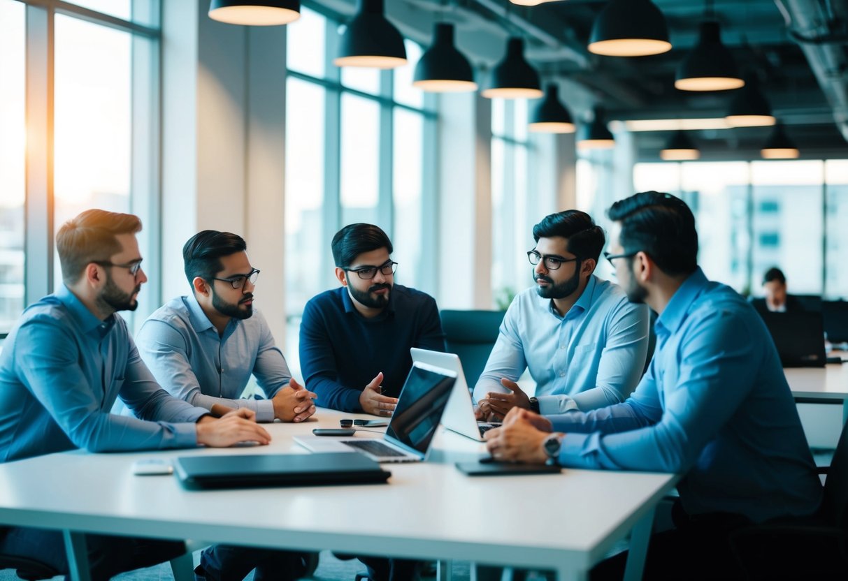 A group of angular developers discussing project requirements in a modern office setting