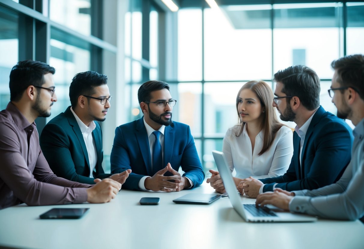 A group of professionals discussing code and technical skills for hiring angular developers