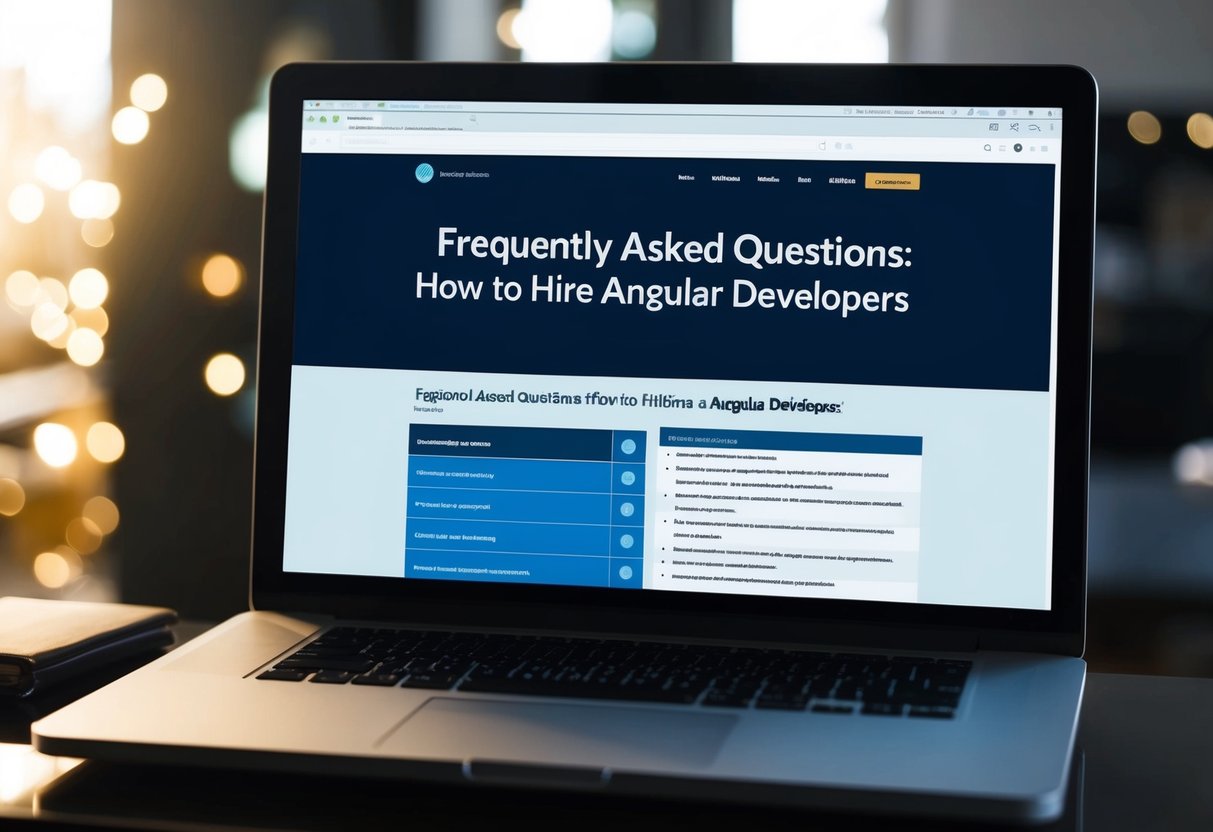 A computer screen displaying a webpage with the title "Frequently Asked Questions: How to Hire Angular Developers" and a list of questions and answers below