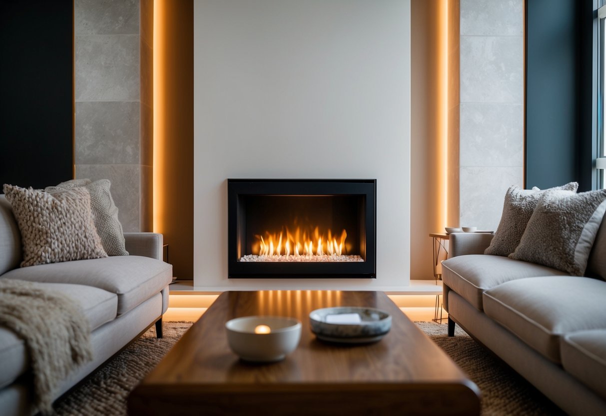 A modern gas fireplace surrounded by cozy furniture, emitting a warm and inviting glow