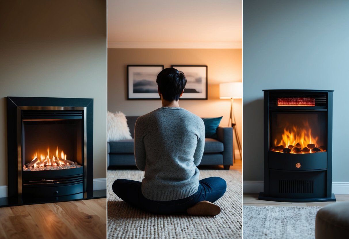 A cozy living room with a gas fireplace on one side and an electric fireplace on the other, with a person sitting in the middle contemplating the two options