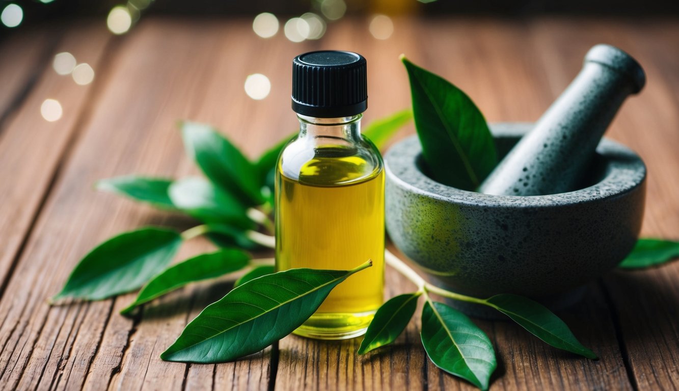 A bottle of olive leaf extract sits on a wooden table, surrounded by leaves and a mortar with pestle