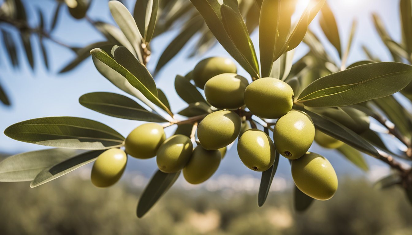 A green olive tree branch with olives against a sunlit Mediterranean landscape