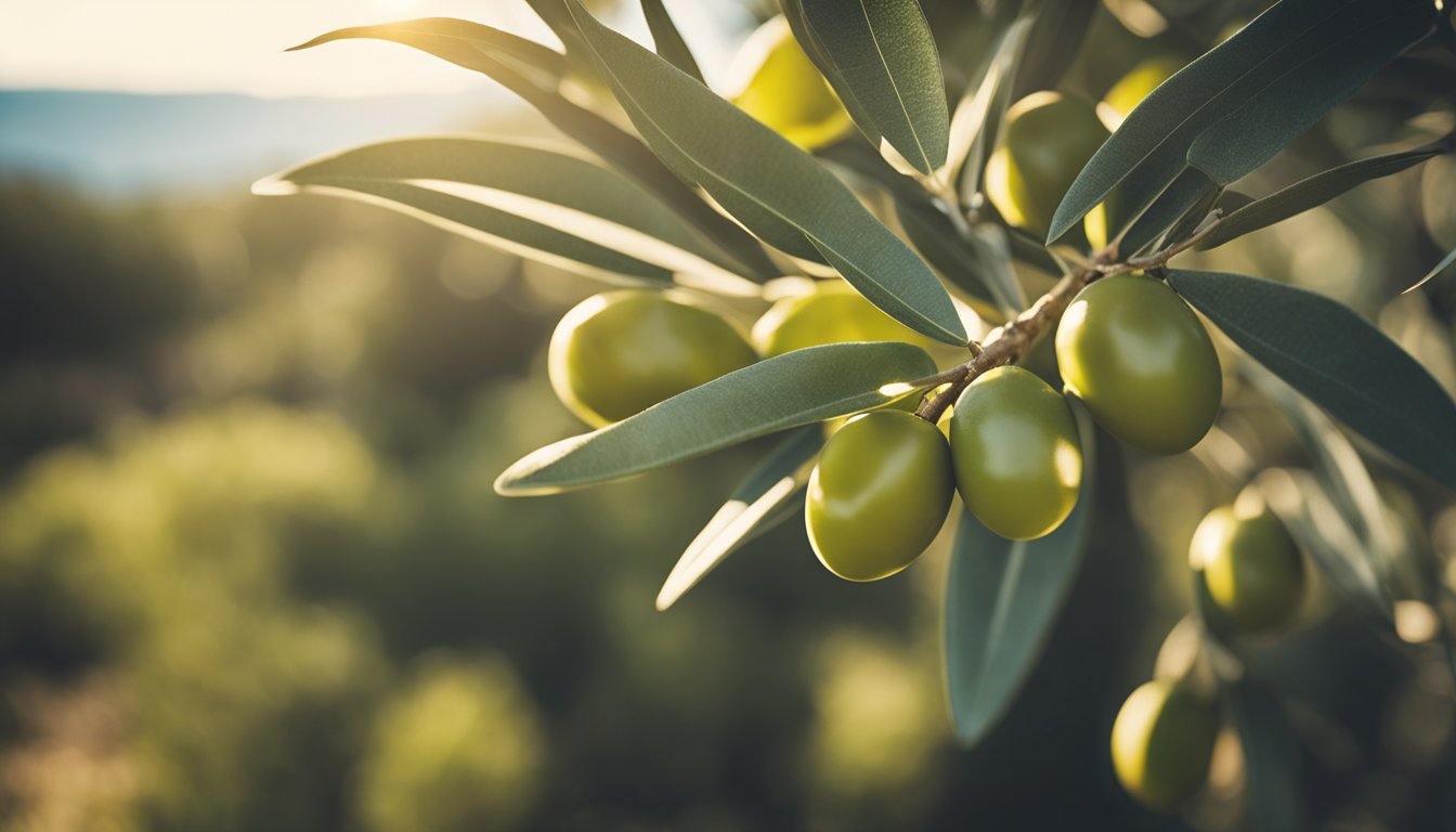 A green olive tree branch with olives against a sunlit Mediterranean landscape