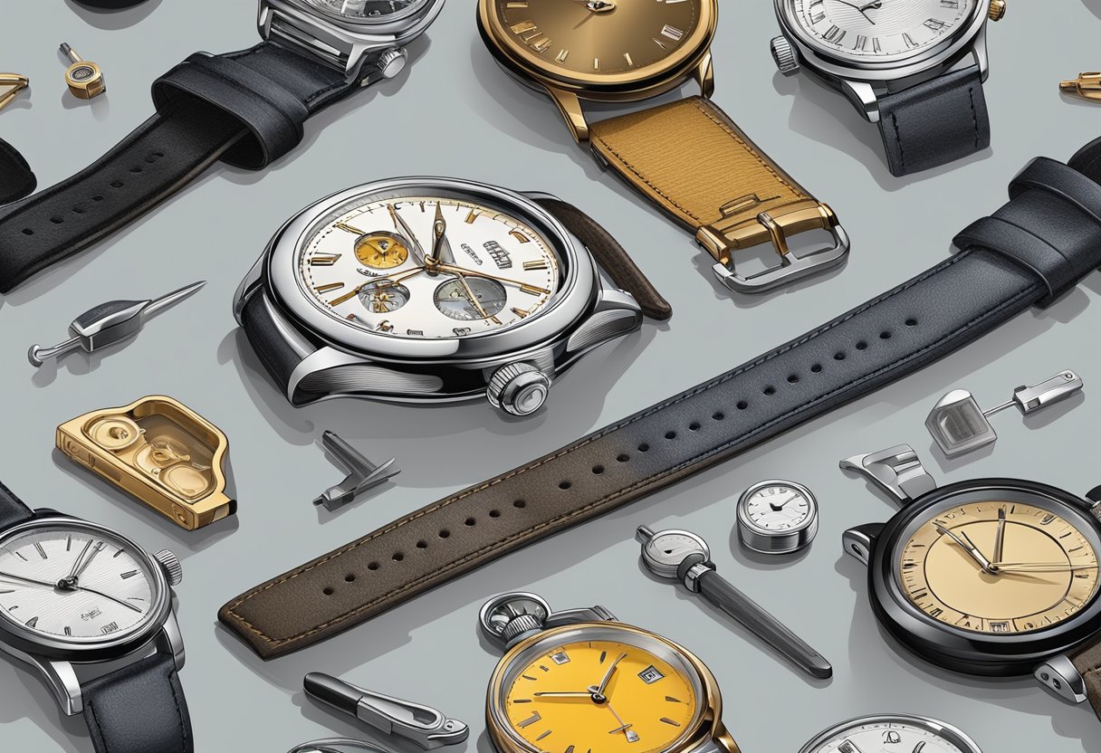 A collection of various types of watches displayed on a clean, organized surface with accompanying tools and cleaning supplies nearby