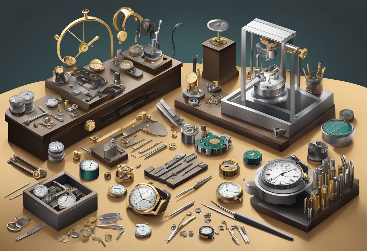 A watchmaker's workbench with tools, watch parts, and a variety of timepieces in different stages of upgrading and customization