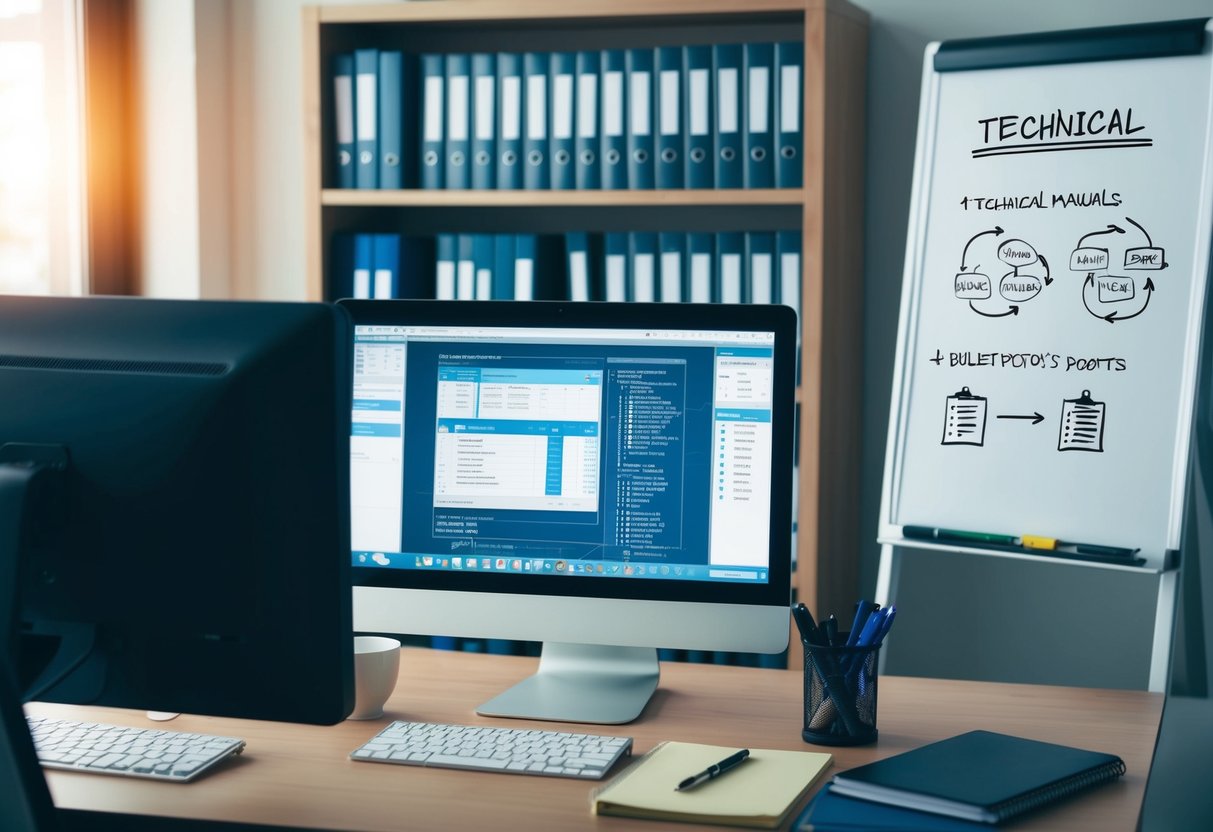 Un bureau avec un ordinateur, un carnet et des stylos. Une étagère remplie de manuels techniques. Un tableau blanc avec des diagrammes et des points clés.