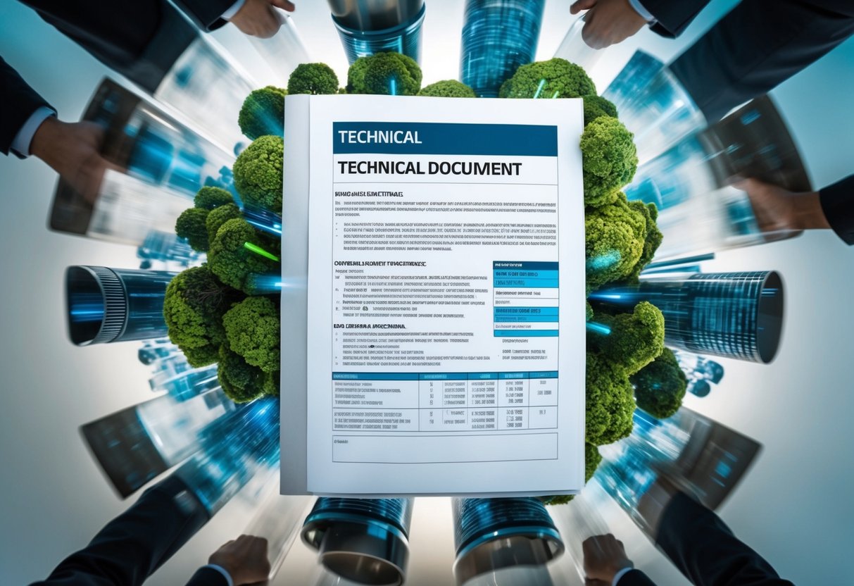 Un document technique entouré d'éléments environnementaux et sociaux, structuré de manière efficace