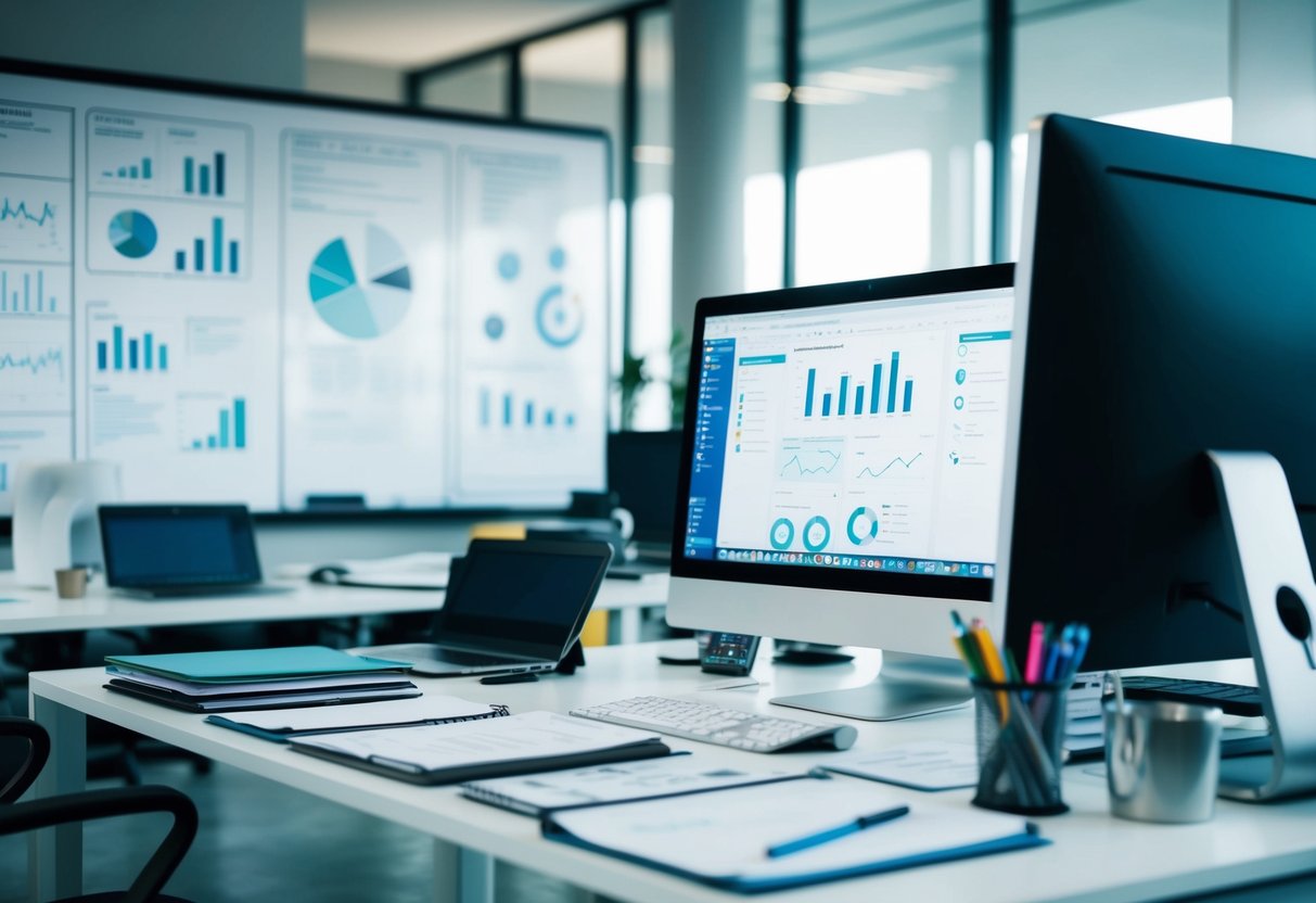 Un bureau moderne avec un tableau blanc rempli de diagrammes et de graphiques, un ordinateur avec plusieurs onglets ouverts, et un bureau encombré de documents techniques et de cahiers.