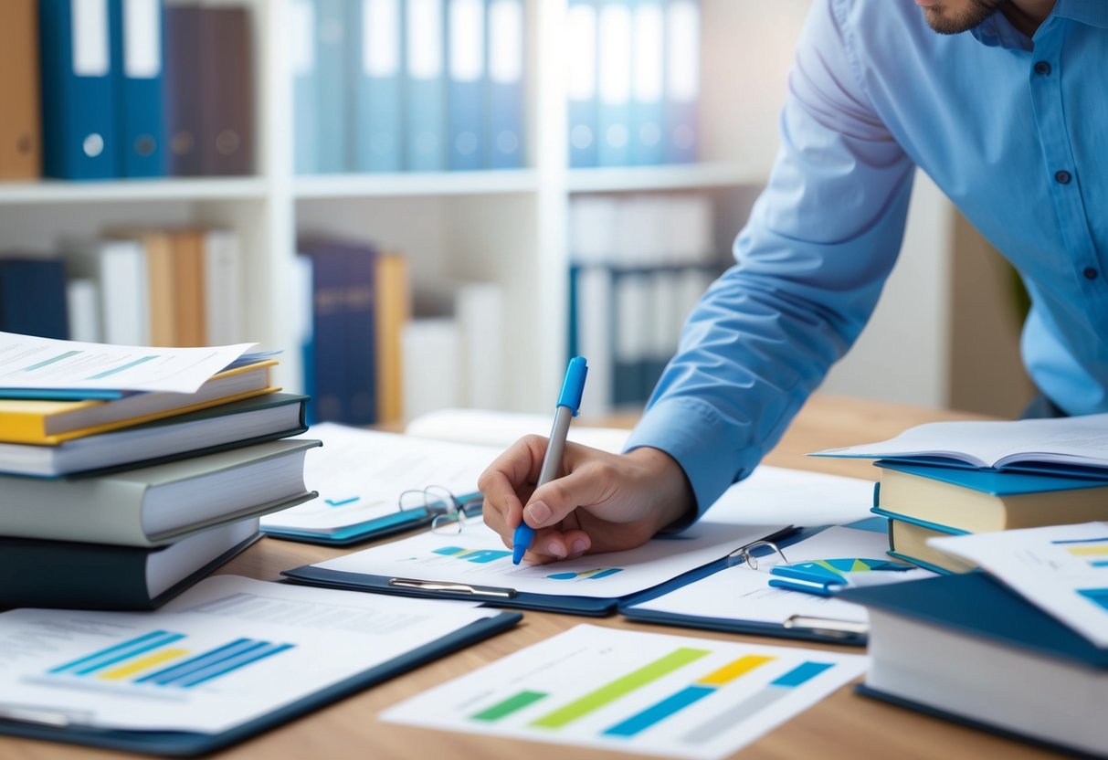 Une personne organisant des documents techniques, entourée de livres et de papiers, mettant en évidence des points clés avec des marqueurs colorés.