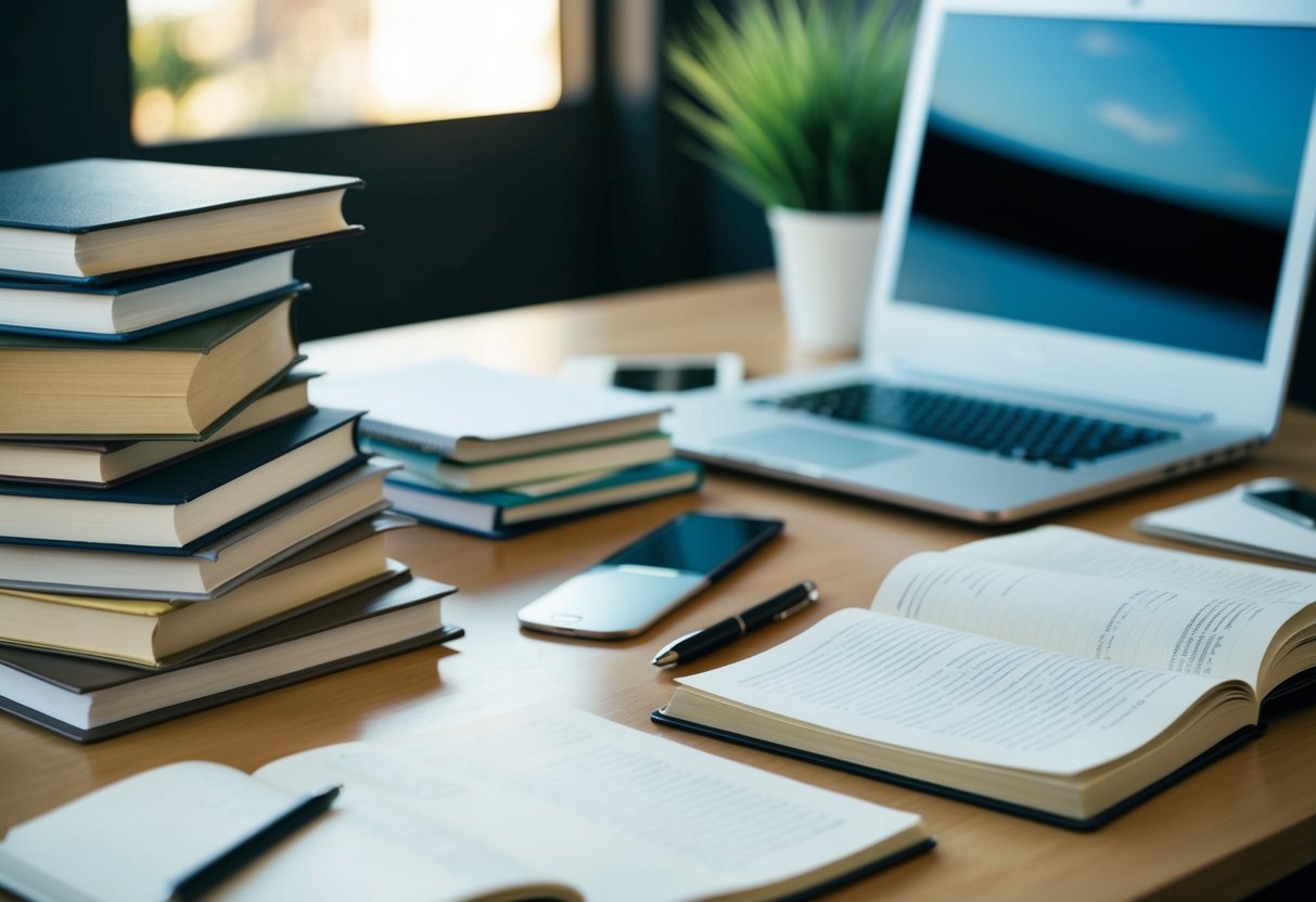 Un bureau encombré avec des livres ouverts, un ordinateur portable et des notes. Une structure claire est présentée avec des titres et des sous-titres. Les matériaux de recherche sont organisés.