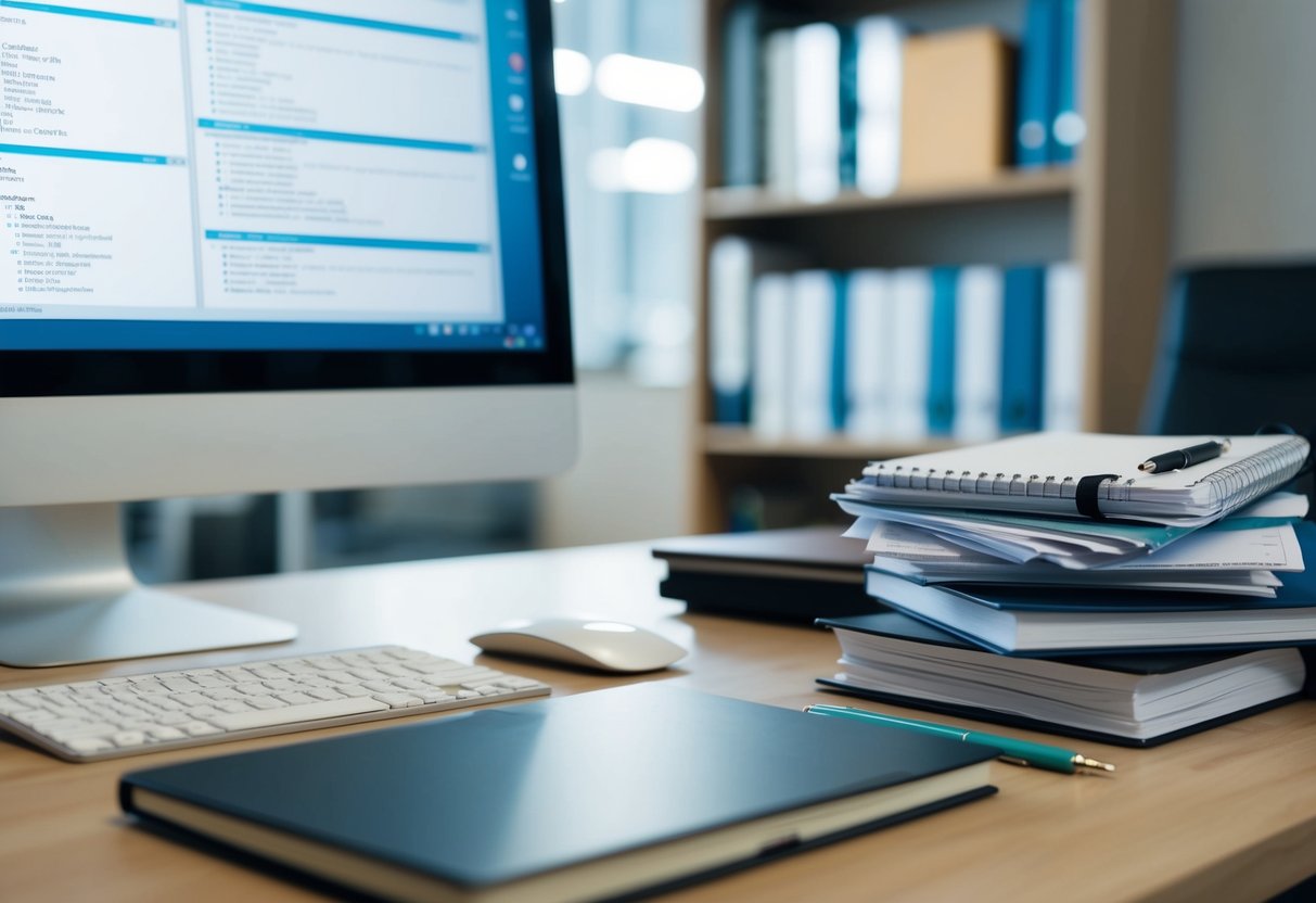 Un bureau avec un ordinateur, un carnet et des stylos. Une pile de documents techniques et une étagère avec des ressources en arrière-plan.