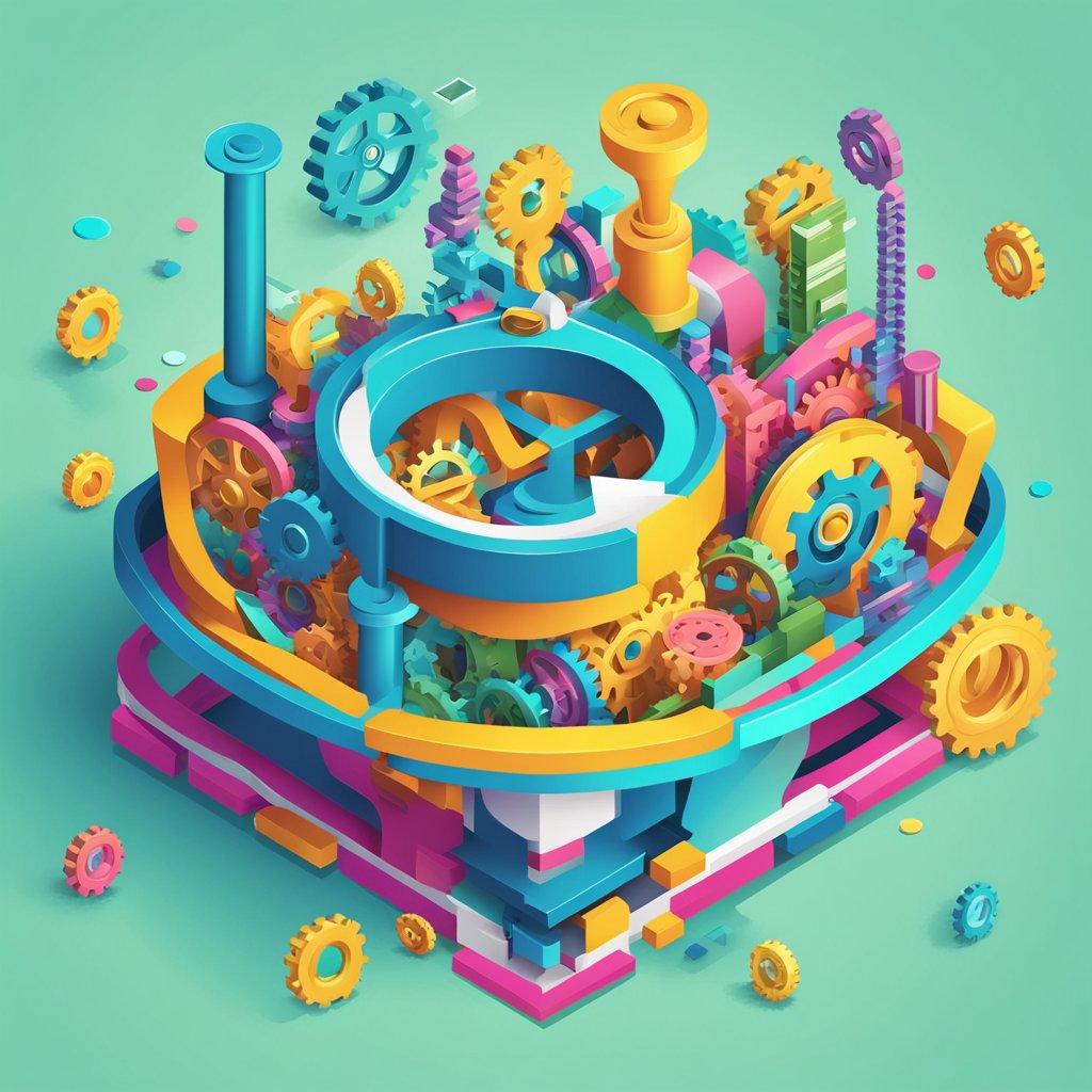 A vibrant funnel of interconnected gears and cogs, with a stream of colorful, eye-catching marketing materials flowing into the top and emerging as solid, recognizable brand symbols at the bottom