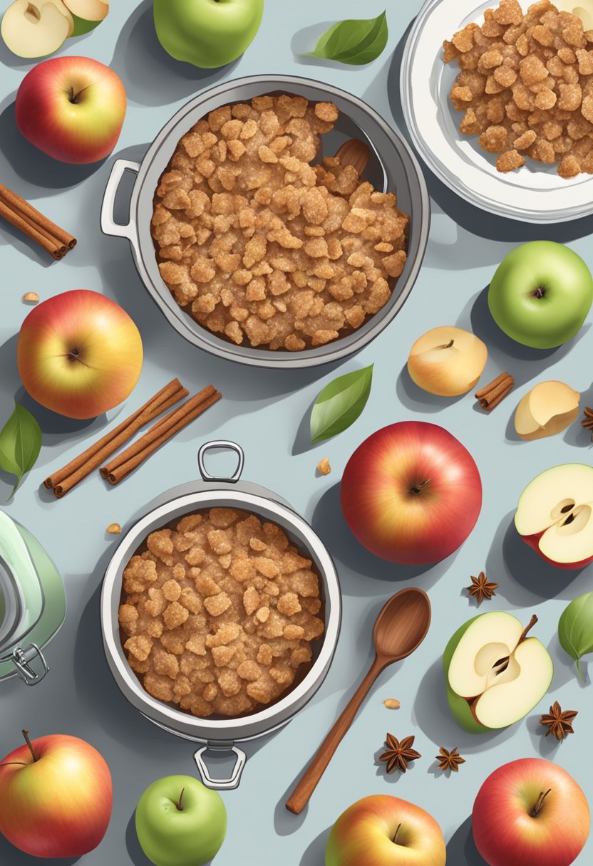 A table set with a keto apple crisp, surrounded by fresh apples, cinnamon sticks, and a jar of sweetener