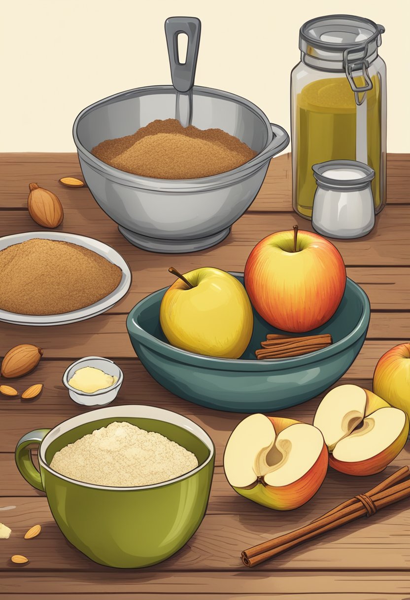 A rustic wooden table with a spread of fresh apples, almond flour, butter, and cinnamon. A mixing bowl and measuring cups sit nearby