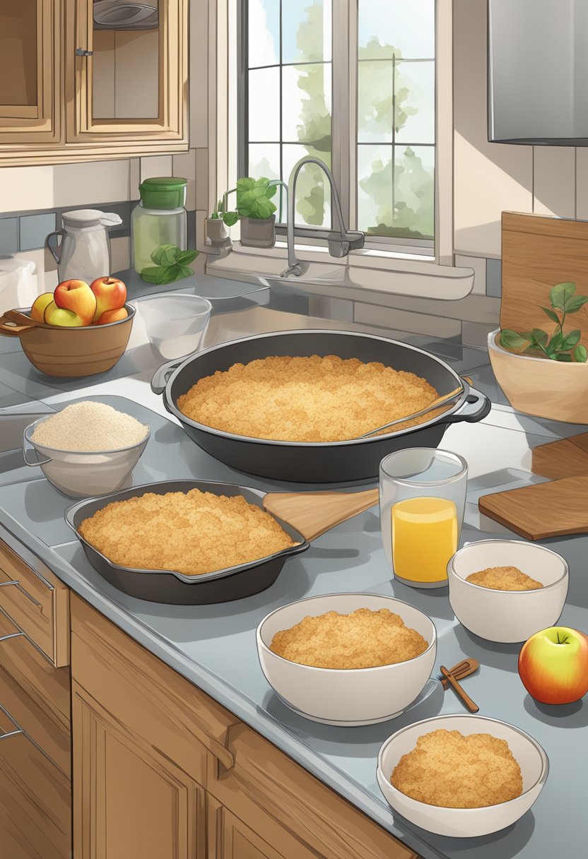 A kitchen counter with ingredients like almond flour, chopped apples, cinnamon, and a mixing bowl. A baking dish with a golden-brown apple crisp cooling on a wire rack