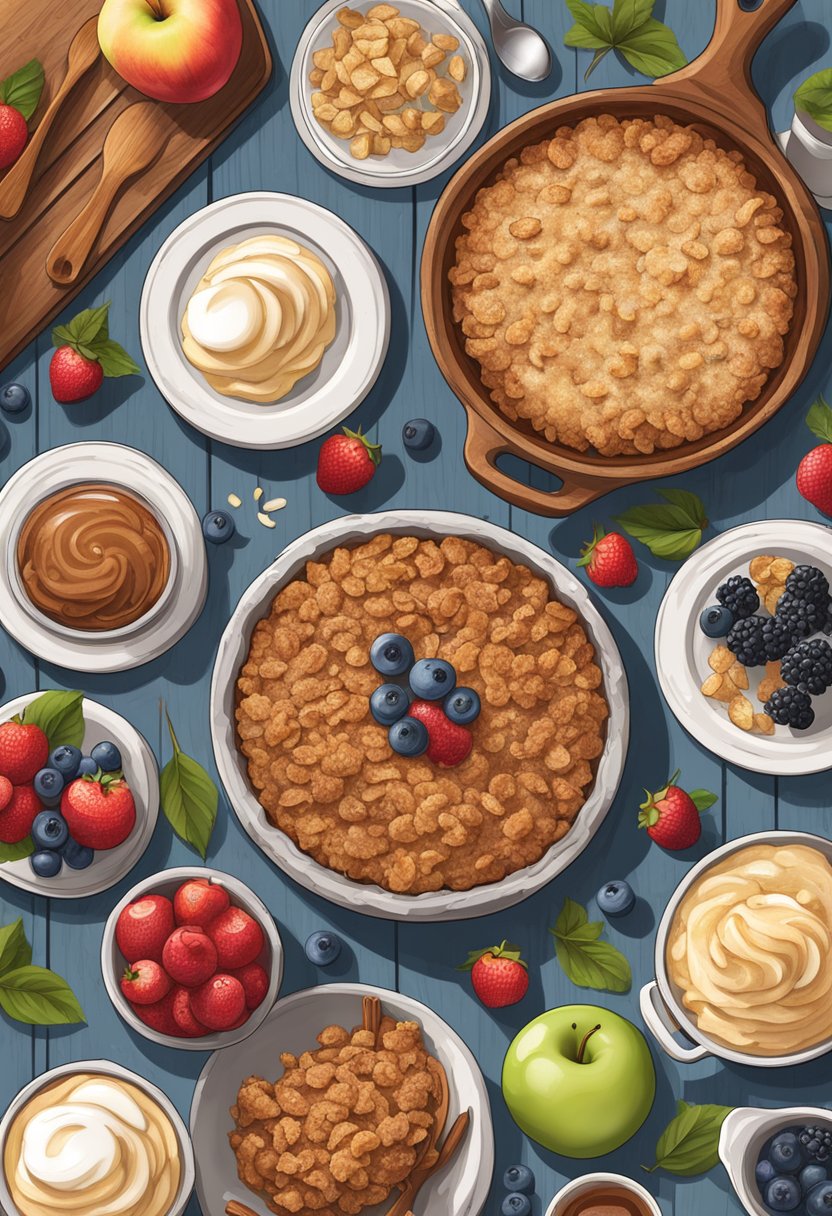 A rustic wooden table set with a keto apple crisp surrounded by various accompanying dishes and variations, such as whipped cream, cinnamon, and fresh berries