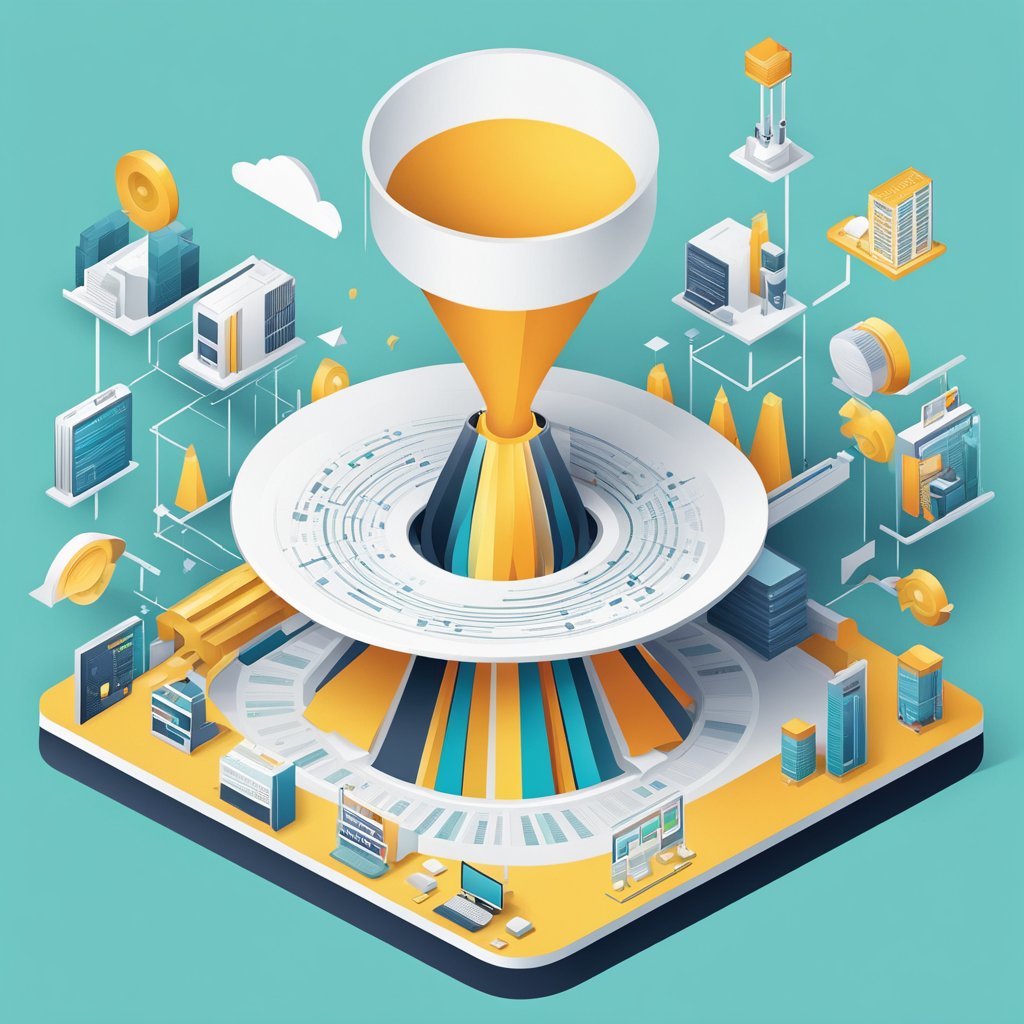 A sleek, modern funnel filled with data flowing from top to bottom, with a refining process depicted at each stage, leading to a winning outcome