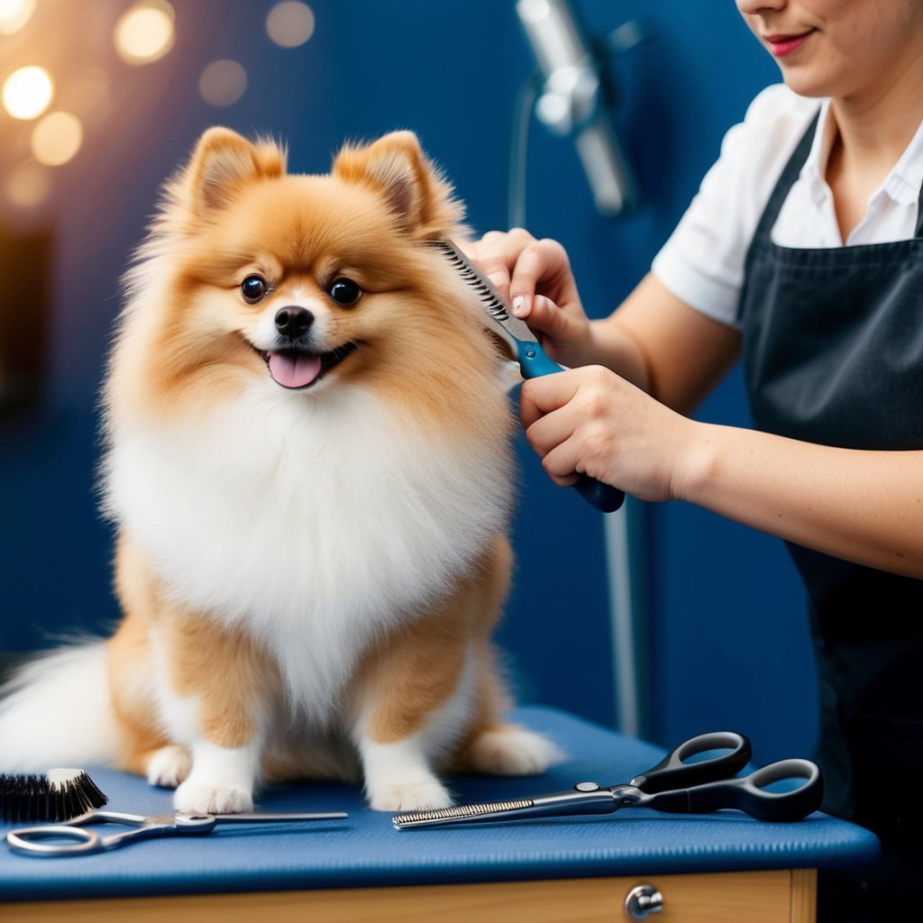 A fluffy Pomeranian sits on a grooming table, surrounded by scissors, brushes, and clippers. The groomer carefully trims its fur into a teddy bear cut