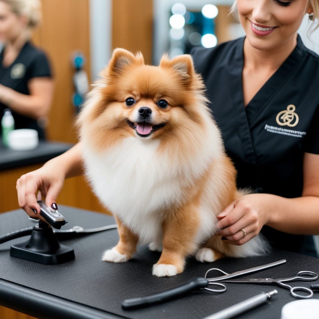 A Pomeranian sitting on a grooming table, with a fluffy teddy bear cut, surrounded by grooming tools and a stylist