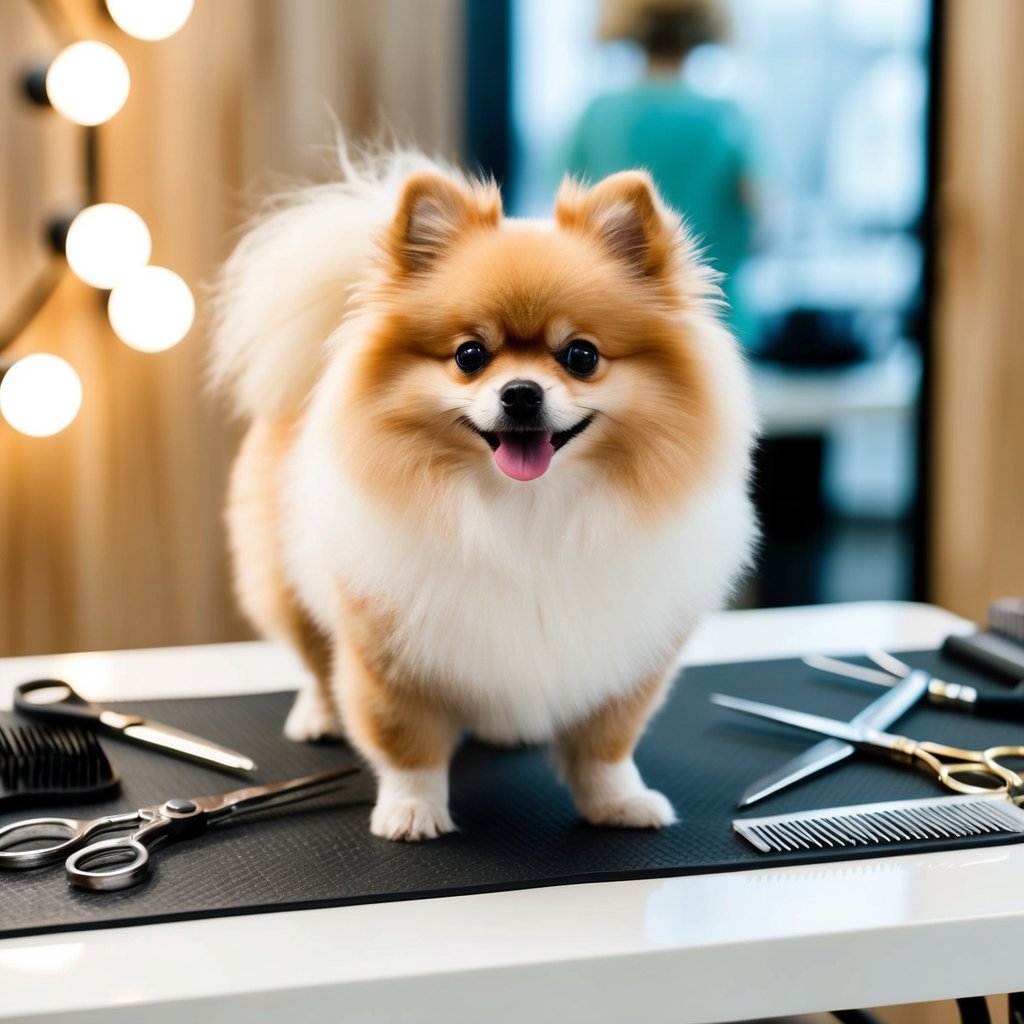 A fluffy Pomeranian with a teddy bear cut stands on a grooming table, surrounded by scissors, combs, and other grooming tools