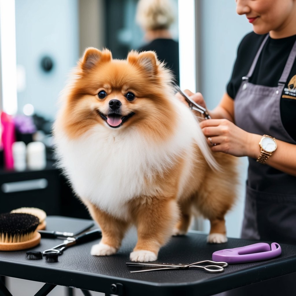 A Pomeranian with a fluffy, well-groomed coat stands on a grooming table, surrounded by brushes, scissors, and a stylist preparing for a teddy bear cut