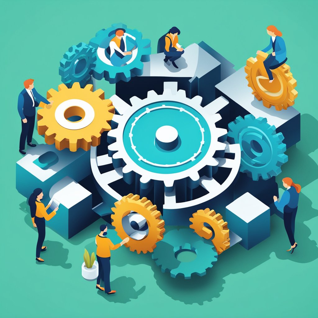 A group of gears interlocking and turning together, symbolizing teamwork and collaboration to drive sales success through marketing enablement