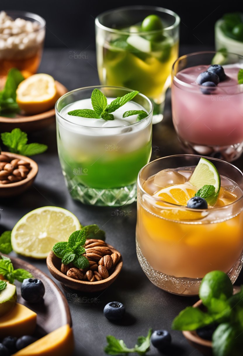 A table with a variety of keto-friendly alcohol drinks, surrounded by low-carb mixers and garnishes